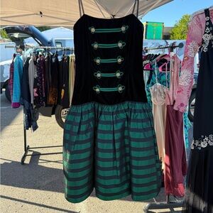Vintage Roberta Strapless Dress with Black Velvet and Green Stripes